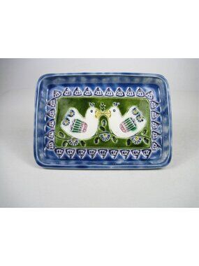 Vintage Blue Ceramic Tray Bird Motif Green Accents Artisan Signed Studio